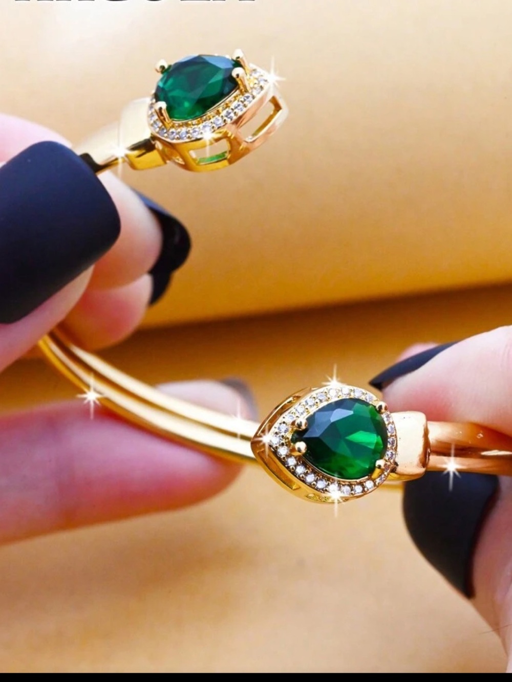 Gold Cuff Bracelet with Emerald Green Teardrop Stones - Picture 2 of 3